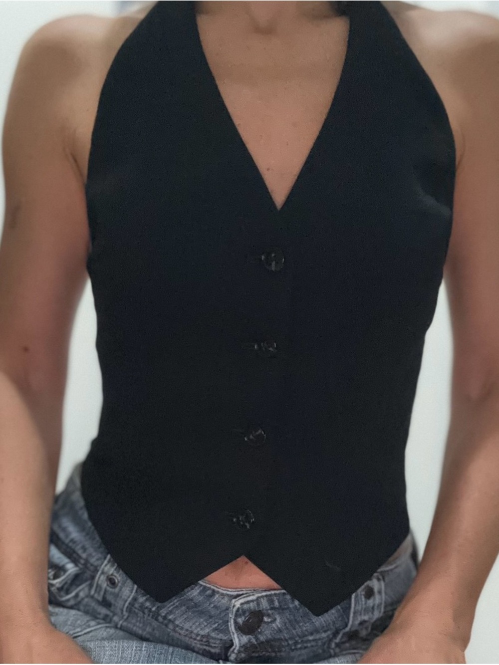Aritzia Black Halter-Style Button Front Women's Top